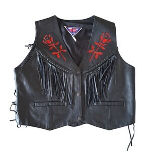 MOB BLACK Women's Biker Leather 
FLORAL Vest Size 16